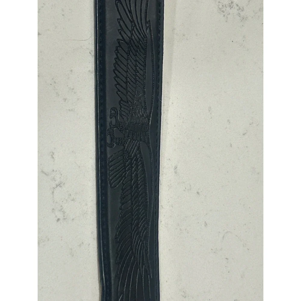 Mens Black Leather Belt Eagle USA Embossed‎ Silver Buckle Size L